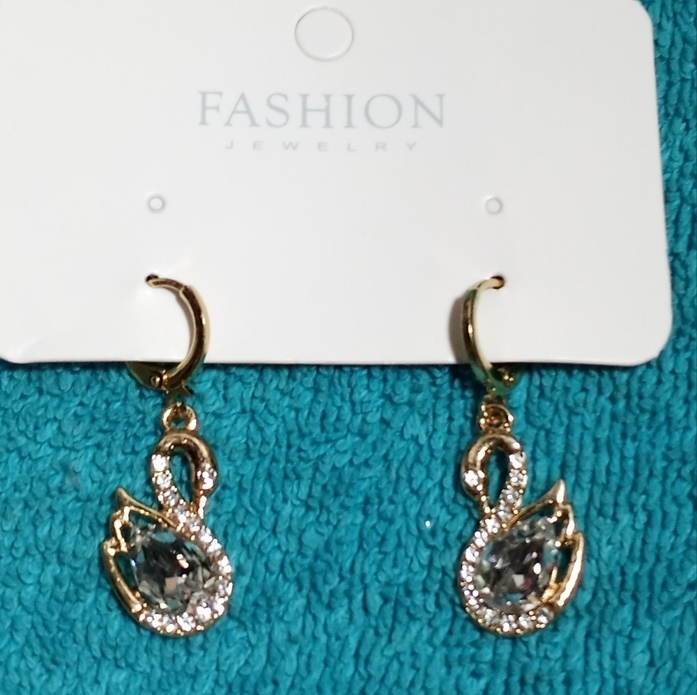 Swan Wire Hoop Dangle Earring Goldtone Crystal